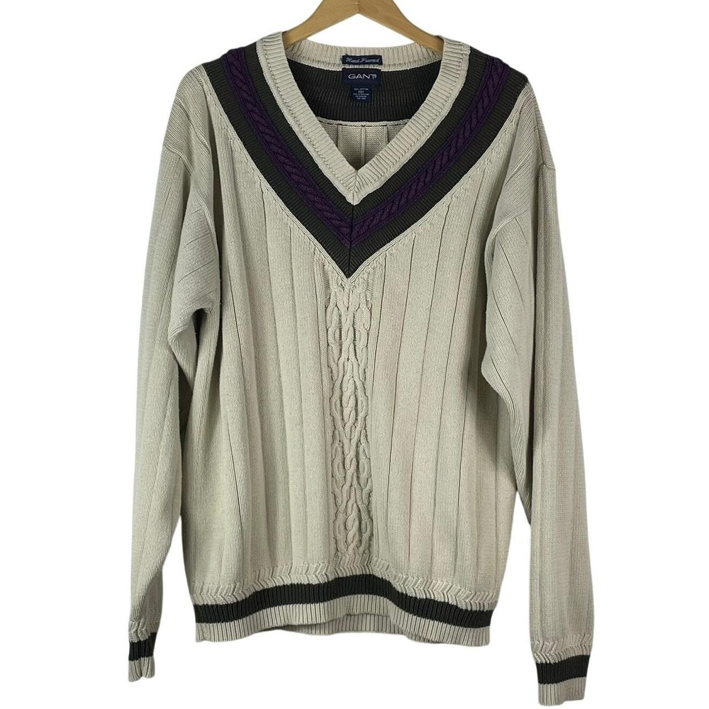 Vintage GANT Men's Beige Purple V Neck Chunky Knit Sweater Size 2XT Cotton GUC